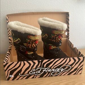Ed Hardy Black Boots with Tattoo Design